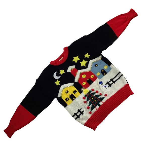 Vintage Ugly Christmas Sweater Womens L Large Black Red Knit Village Adell Barre - Picture 16 of 16